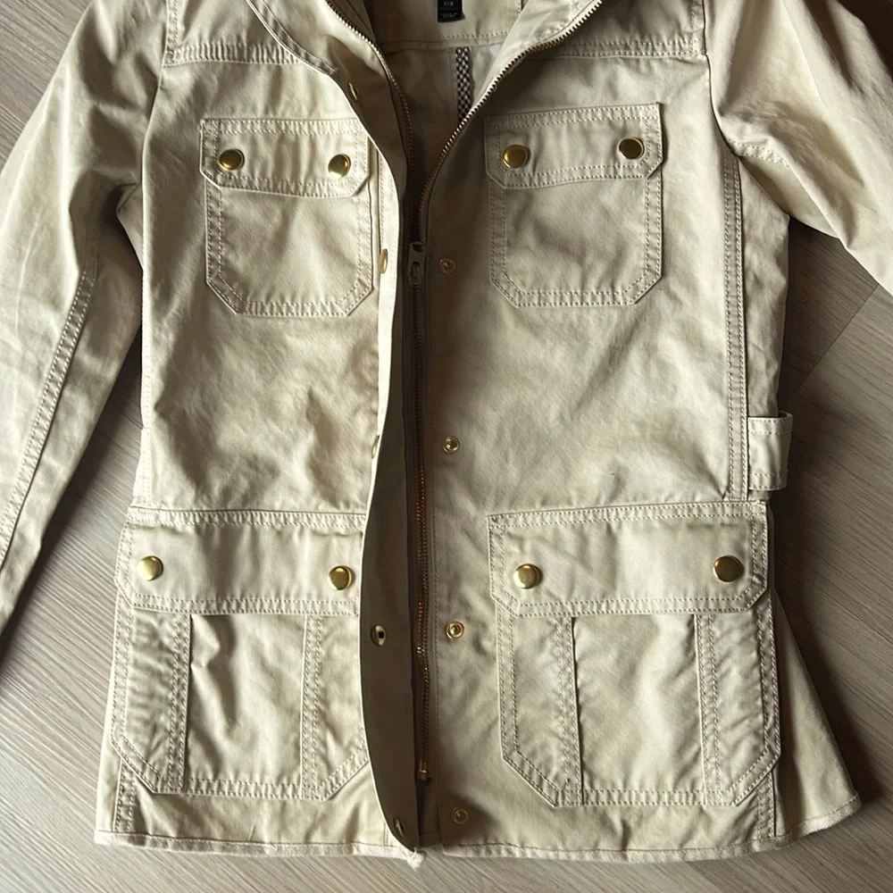 J Crew Cotton Utility Jacket Size XXS Khaki Gold Accents Lightweight
